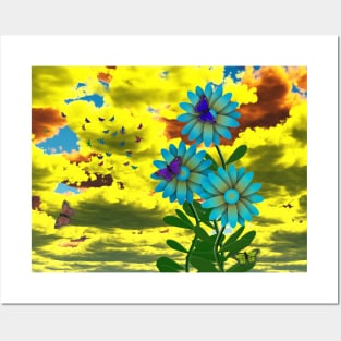 Butterflies and blue daisies Posters and Art